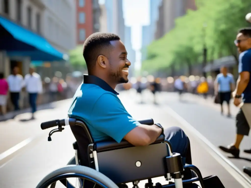 Una persona con discapacidad ajusta su silla de ruedas portátil en la ciudad, mostrando la importancia de las ayudas técnicas para movilidad personal