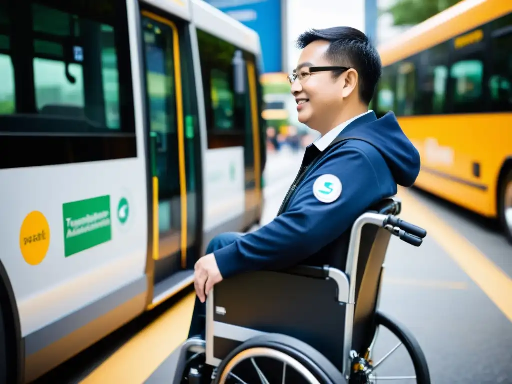 Persona con discapacidad usando tecnología asistiva en transporte