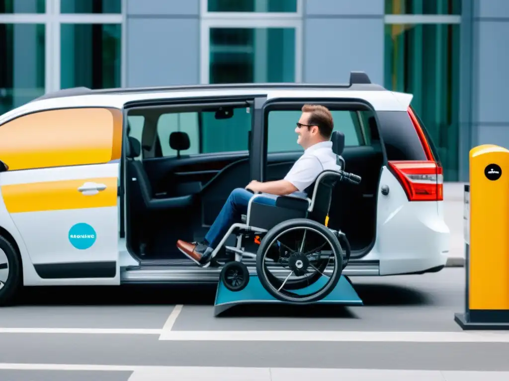 Persona con discapacidad entra cómodamente a un vehículo accesible en un espacio de car sharing inclusivo para discapacitados