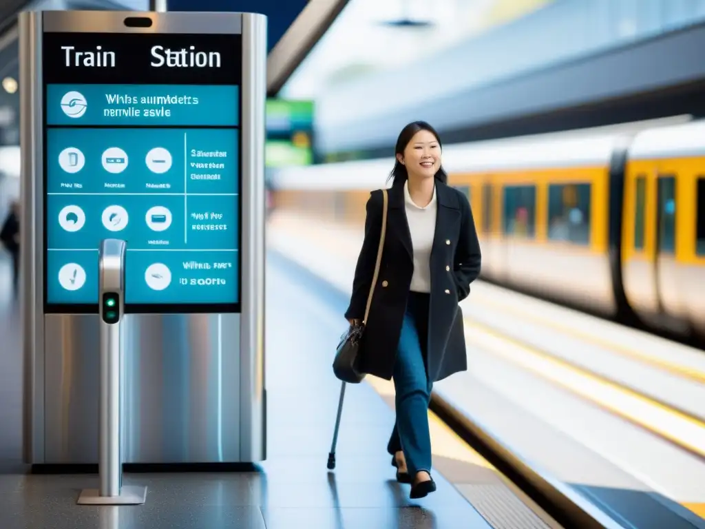 Persona con discapacidad visual usando bastón blanco en estación moderna y accesible