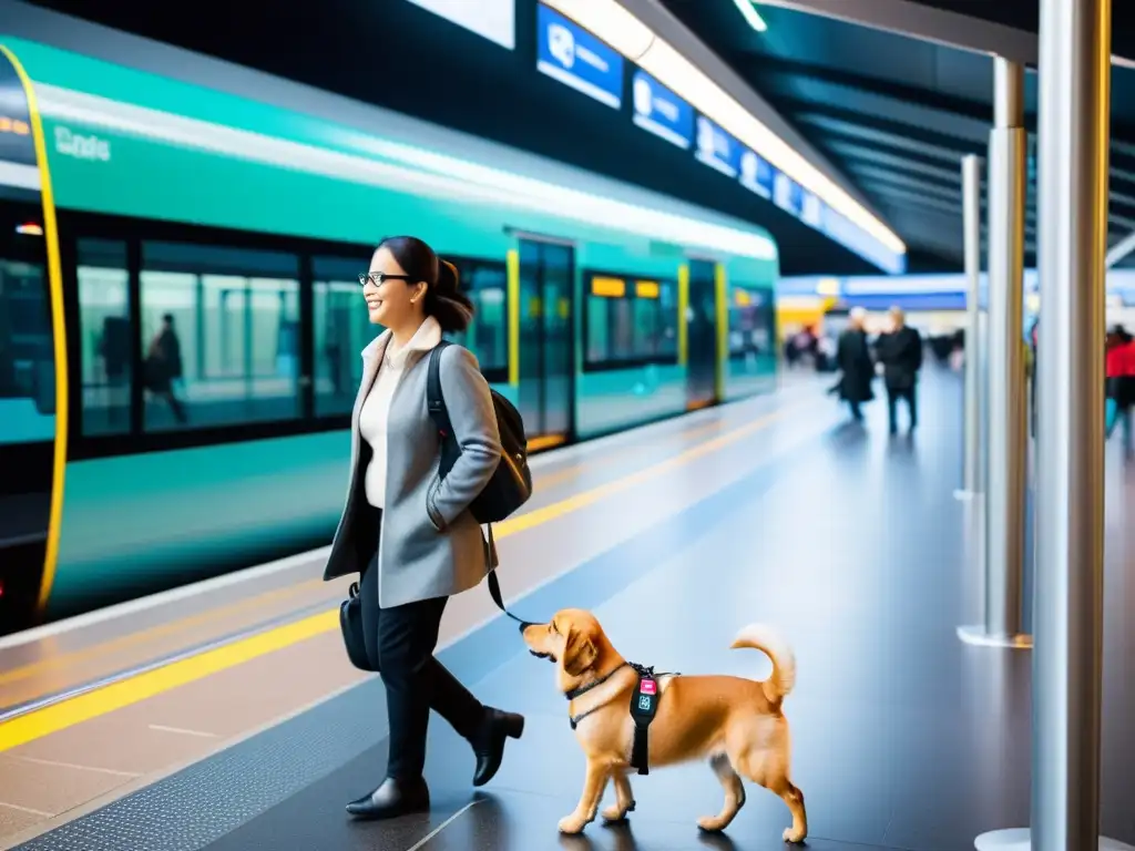 Persona con discapacidad visual navegando con confianza en un sistema de transporte público moderno y accesible, destacando avances en sistemas de transporte inclusivos