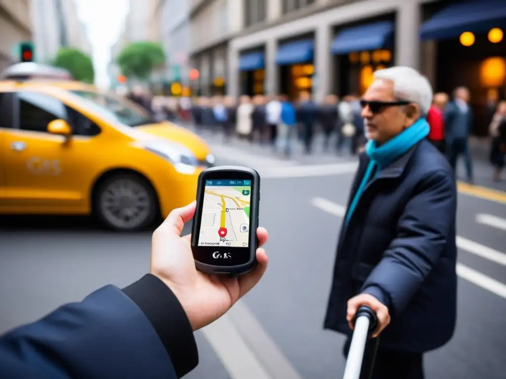 Una persona con discapacidad visual usa un dispositivo GPS especializado en una concurrida calle de la ciudad, mostrando determinación e independencia