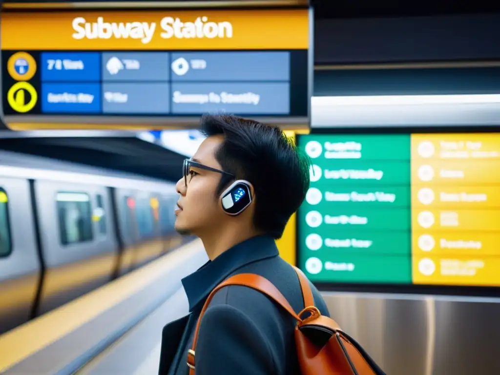 Una persona con discapacidad visual usa interfaces táctiles para recibir información en una estación de metro concurrida