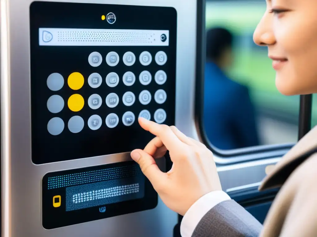 Una persona con discapacidad visual usando interfaces táctiles en el transporte público, resaltando su importancia