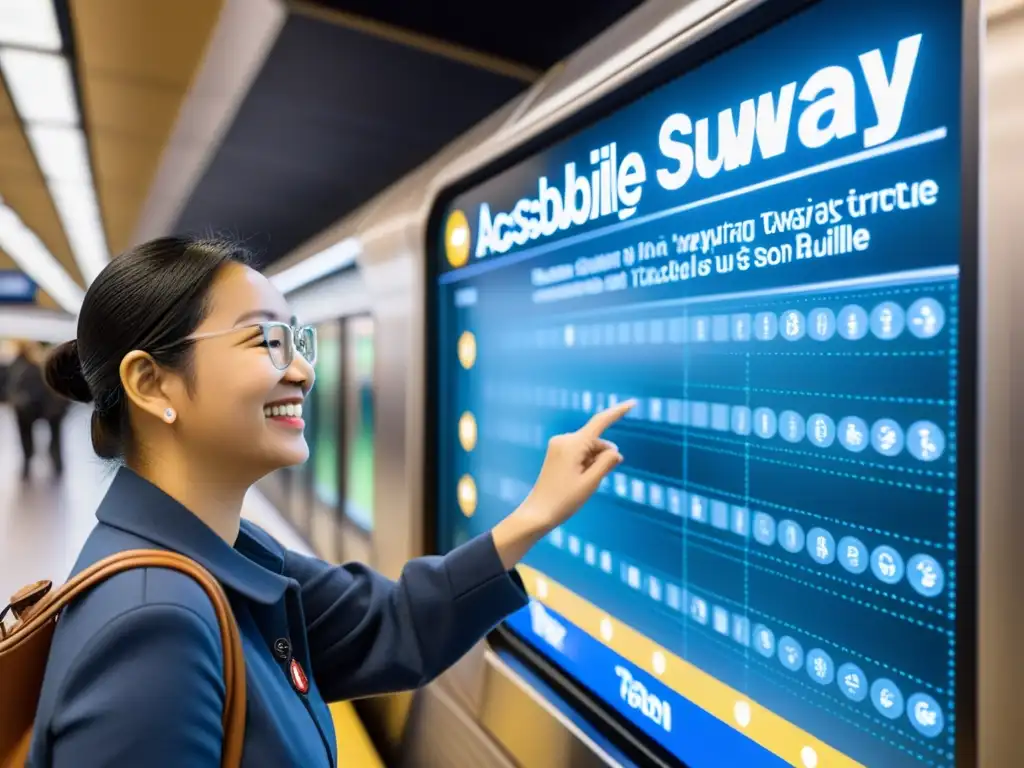 Una persona con discapacidad visual usa interfaces táctiles en estación de metro, mostrando independencia y empoderamiento