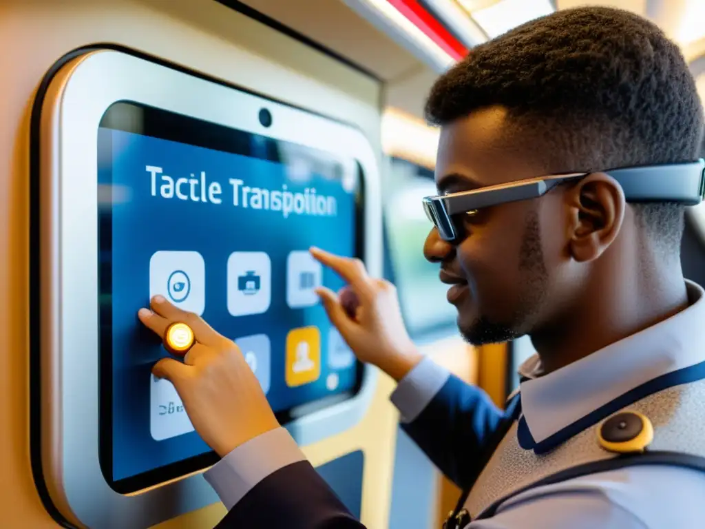 Una persona con discapacidad visual utiliza interfaces táctiles para acceder a un servicio de transporte especializado, con ayuda cercana