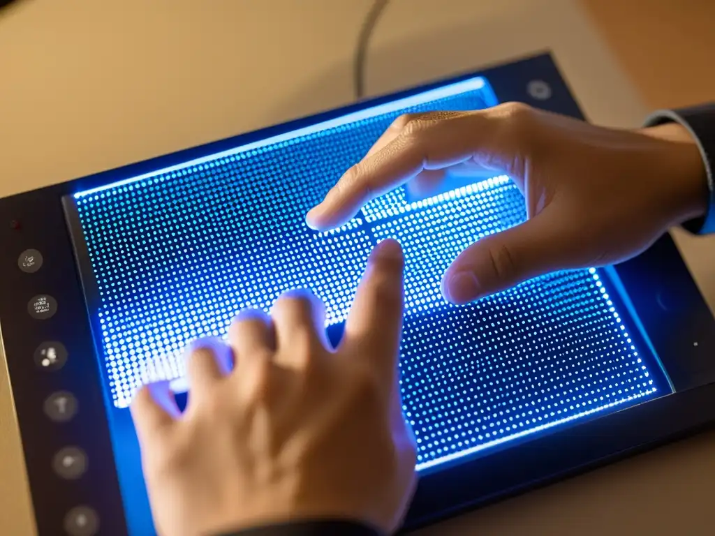 Persona con discapacidad visual utilizando interfaz táctil para discapacidad visual, destacando la textura y detalles de los botones elevados