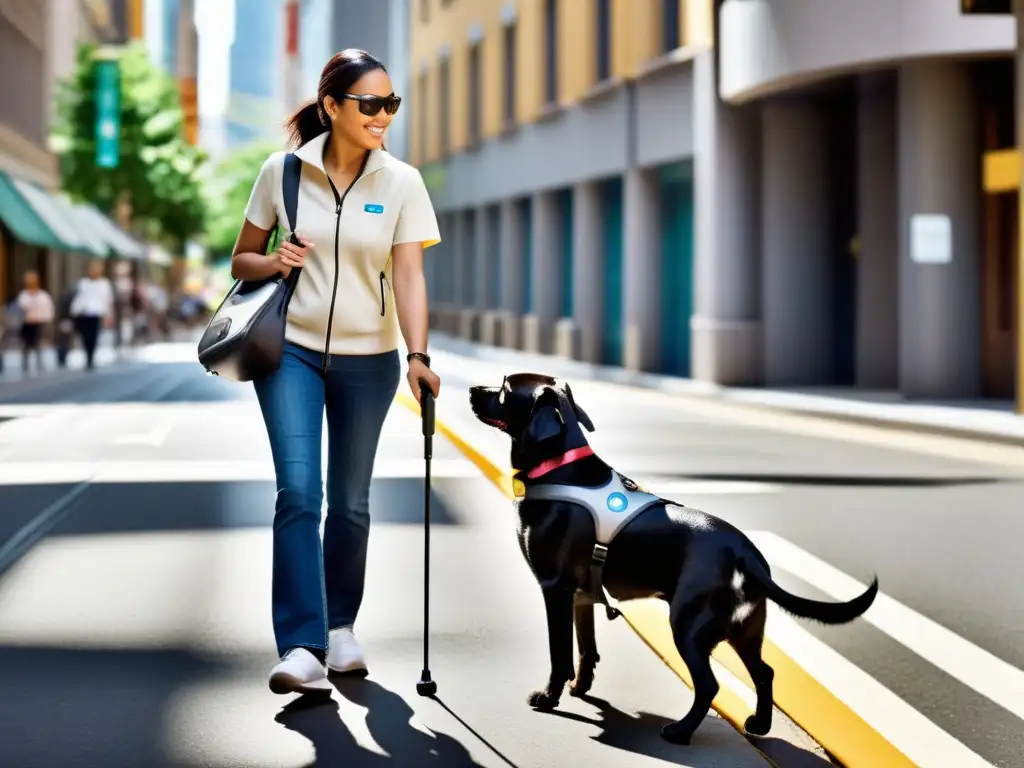 Una persona con discapacidad visual usa un sistema GPS especializado para moverse por la ciudad, acompañada de un perro guía