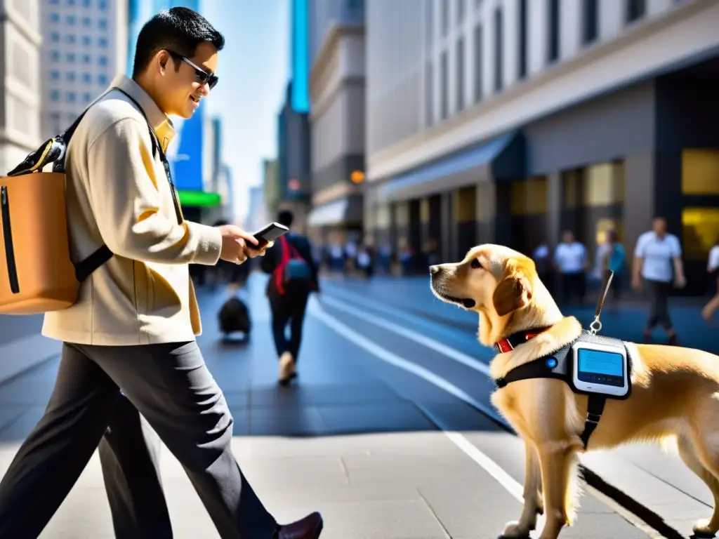 Una persona con discapacidad visual usa un sistema GPS especializado con un perro guía, mostrando determinación e independencia en la ciudad