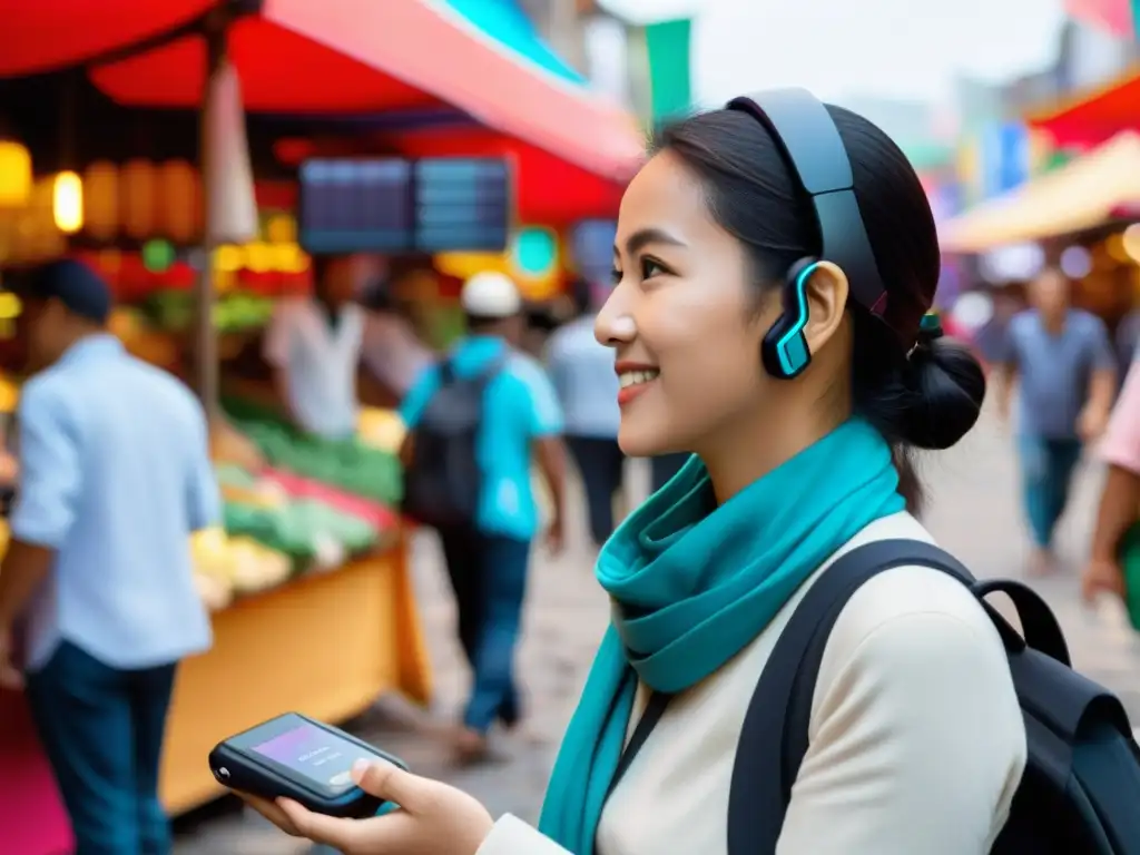 Persona usando dispositivo wearable para traducción instantánea en un mercado multicultural vibrante