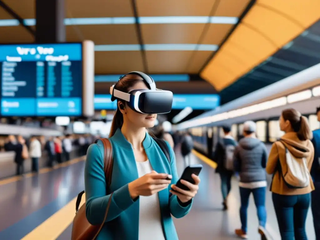 Persona usando VR y dispositivo wearable en estación de tren, interactuando con app de transporte