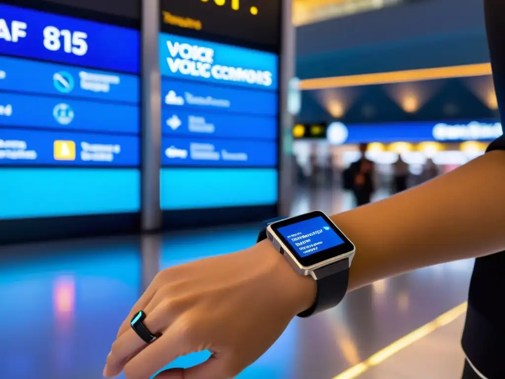 Persona usando dispositivo wearable de voz en aeropuerto