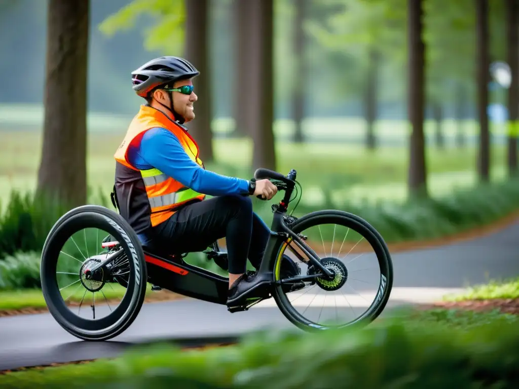 Persona con diversidad funcional disfruta de libertad en bicicleta adaptada en entorno natural