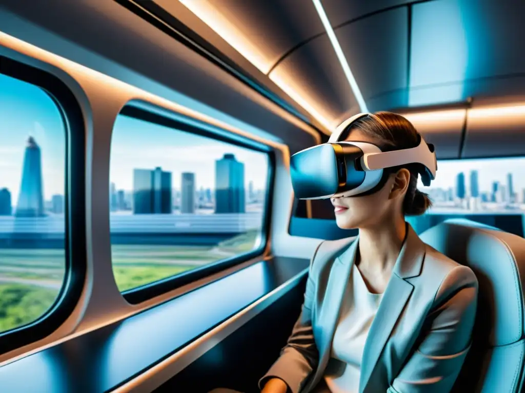 Persona experimenta emocionante realidad virtual en tren de innovaciones tecnológicas en transportes