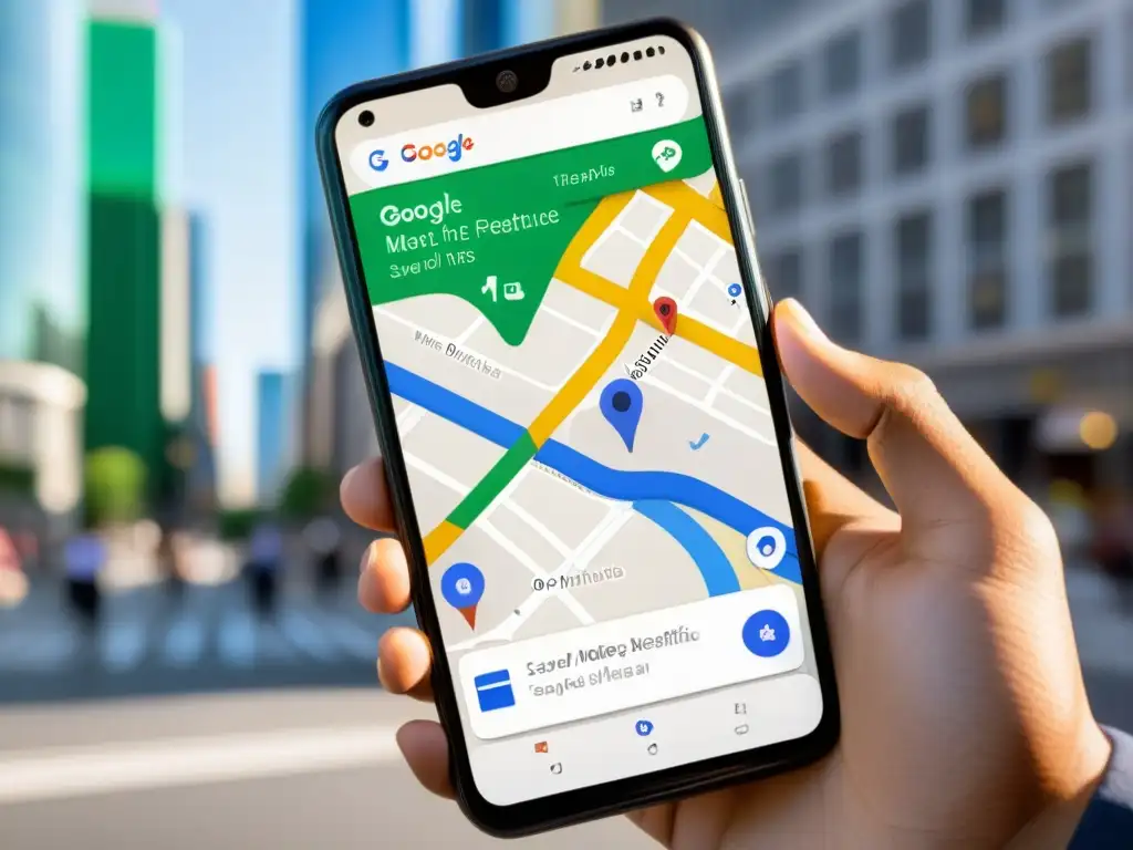 Persona descubriendo funcionalidades ocultas de apps de navegación en Google Maps en la bulliciosa ciudad