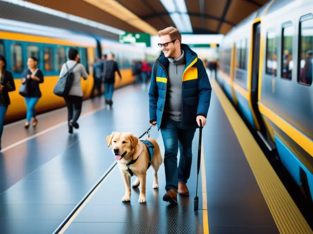 Una persona invidente y su perro guía navegan con confianza en una estación de tren con diseño inclusivo, mostrando avances en sistemas de transporte inclusivos