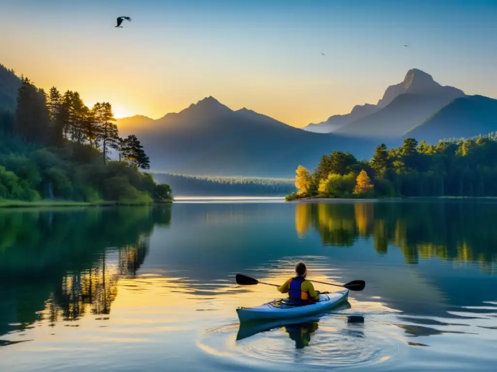 Persona en kayak en lago sereno, rodeado de montañas y árboles