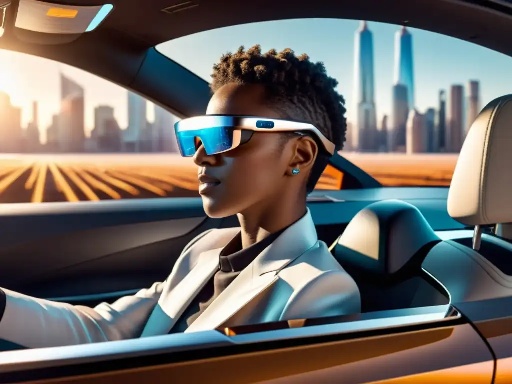 Persona usa lentes solares inteligentes en coche eléctrico, con ciudad futurista de fondo