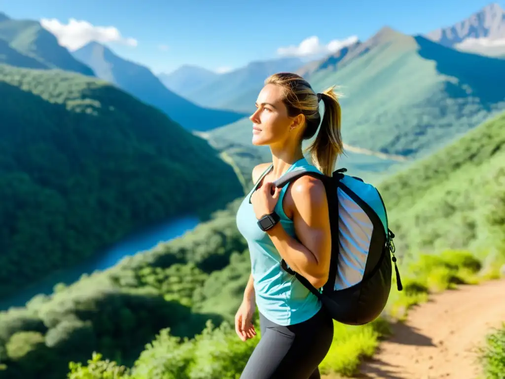 Persona lista para entrenar en sendero montañoso con gadgets fitness para viajar