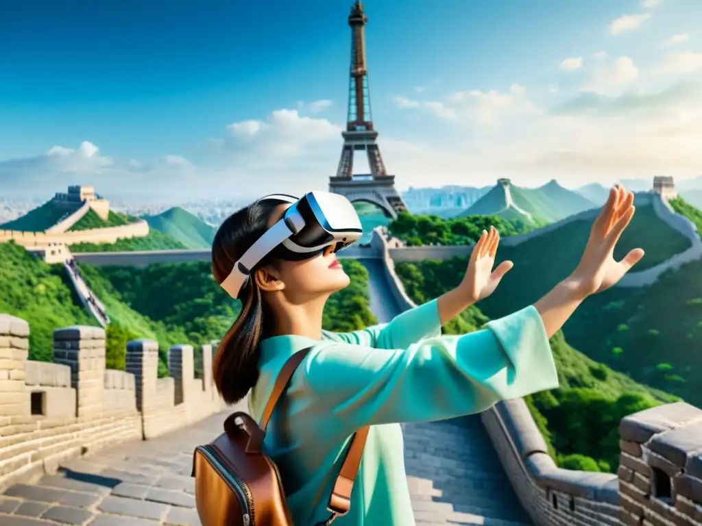 Persona maravillada usando Dispositivos Realidad Virtual para Viajes y explorando la Torre Eiffel en París o la Gran Muralla China