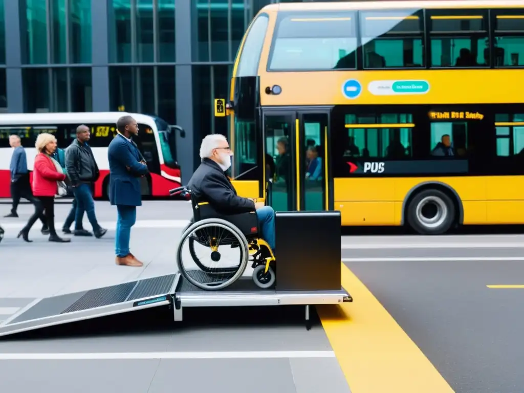 Persona usando una rampa portátil para acceder al autobús público, destacando la importancia de las ayudas técnicas para movilidad personal en entornos urbanos inclusivos