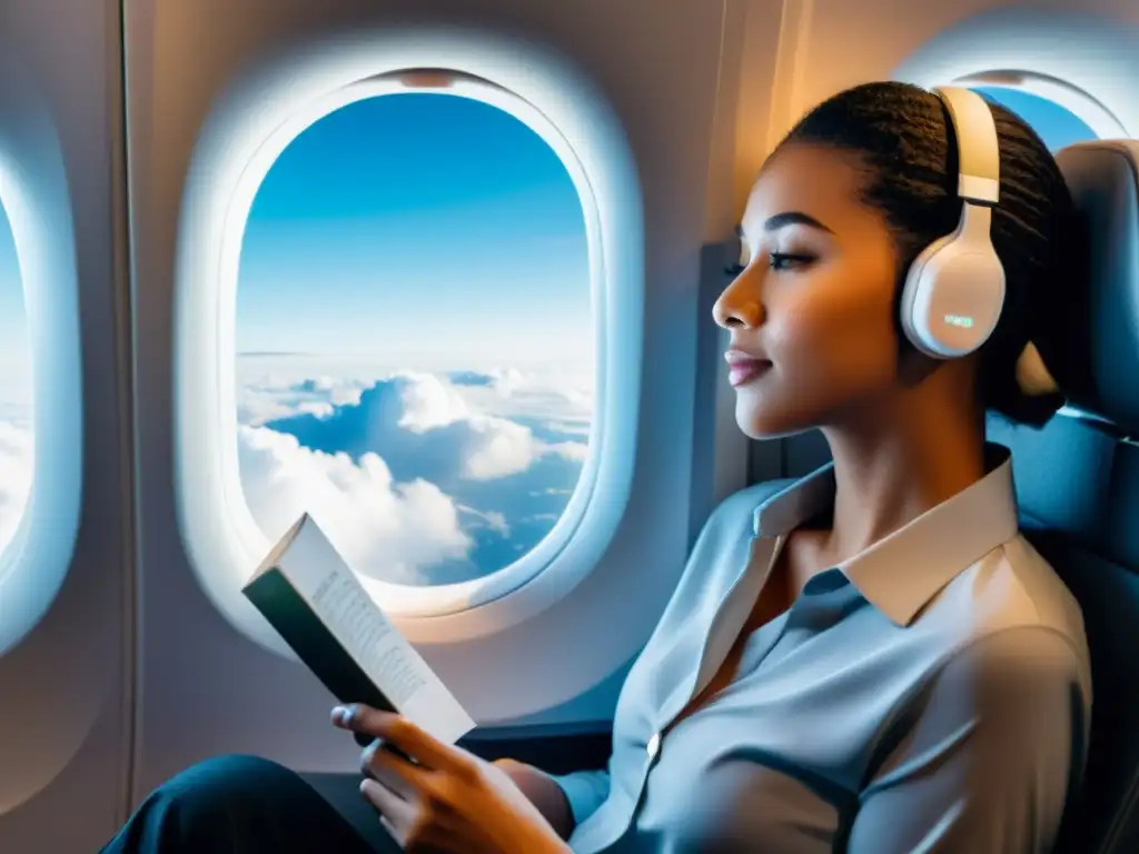 Viaje tranquilo: auriculares de alta tecnología en avión Persona relajada en avión con los mejores tapones de oído tecnológicos, disfrutando la serenidad de un viaje tranquilo mientras observa las nubes