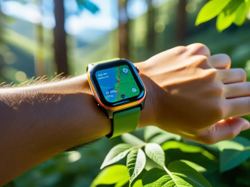 Persona con reloj inteligente solar en el bosque