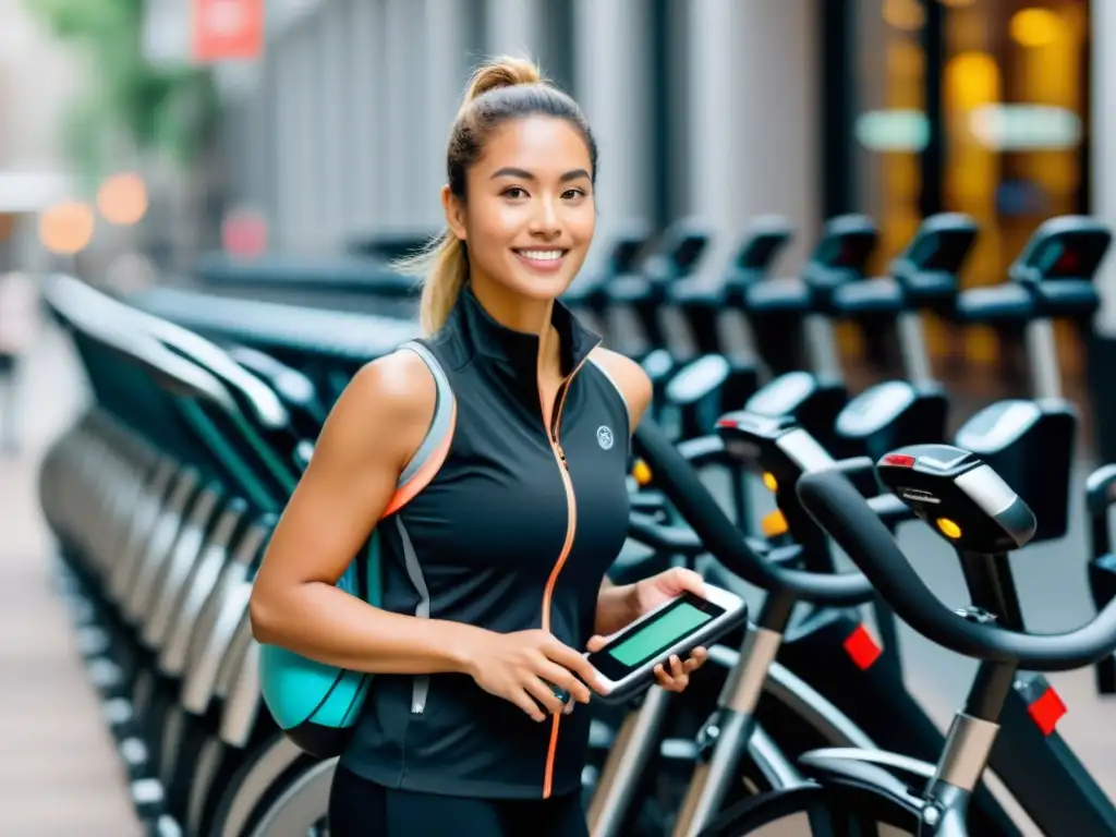 Una persona en ropa de entrenamiento ajustando su smartwatch junto a una estación de bicicletas