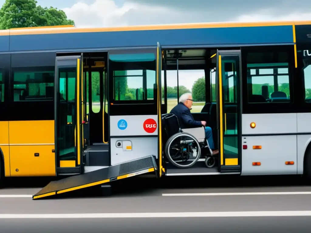 Persona en silla de ruedas abordando bus con rampa desplegada, destacando acceso universal en transporte público