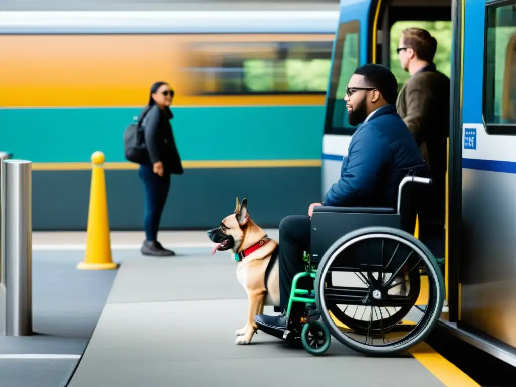 Persona en silla de ruedas con perro de servicio en plataforma de transporte público