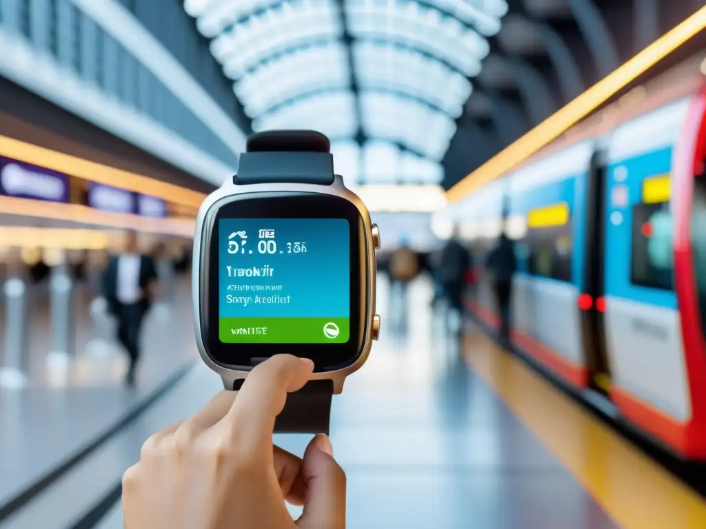 Persona usando smartwatch y dispositivo manos libres en hub de transporte urbano, con señalética digital futurista