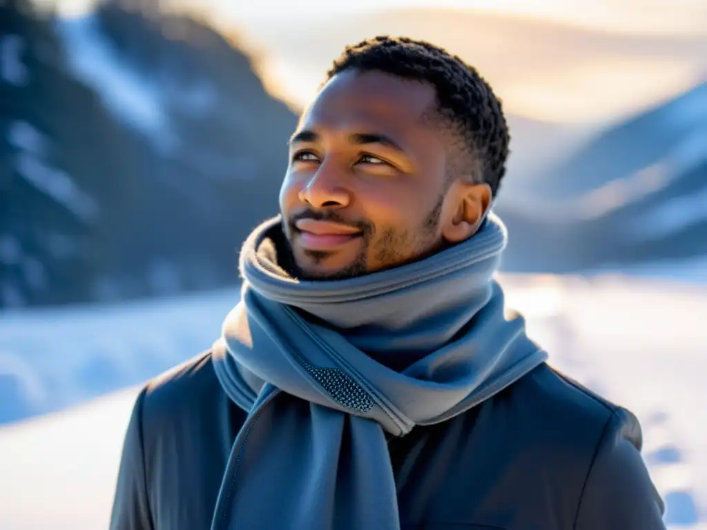 Persona sonriente ajustando un elegante bufanda calefactable en paisaje invernal