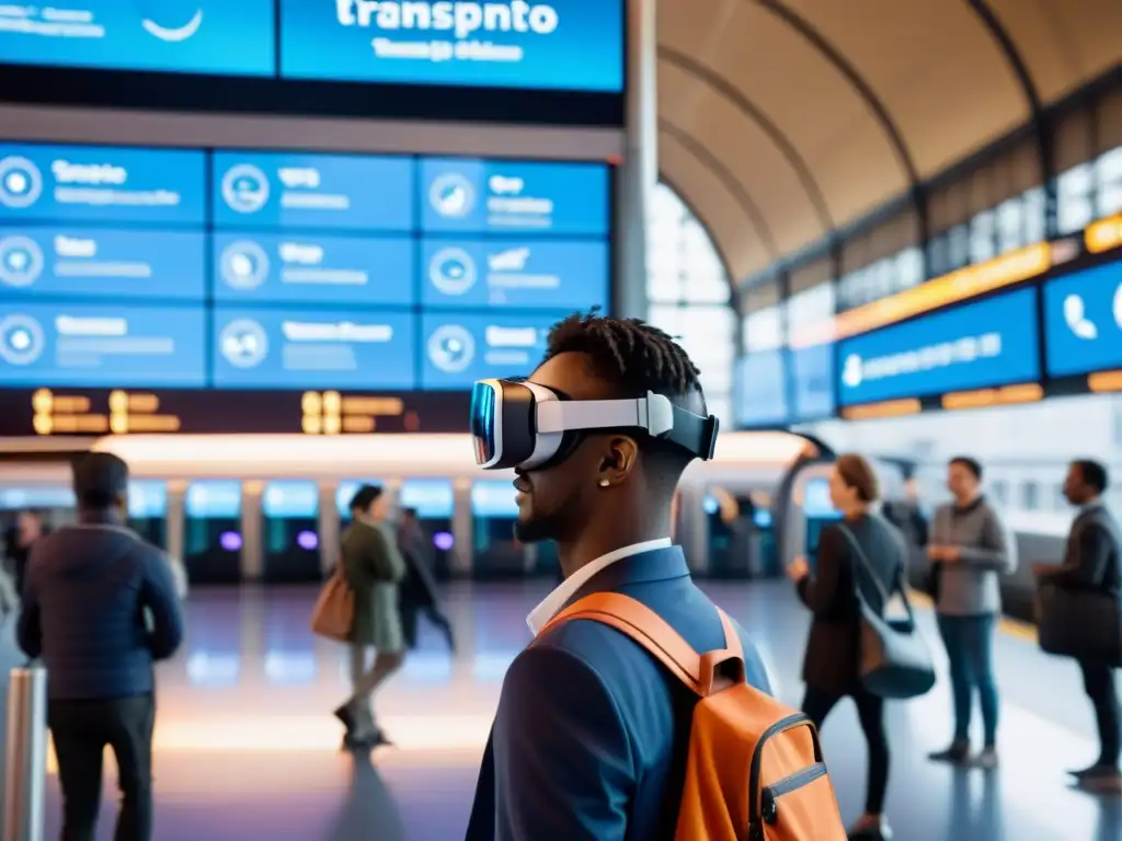 Persona usando tecnología wearable en estación de tren futurista, interactuando con VR y smartwatch, rodeada de viajeros diversos