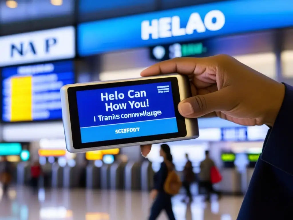 Persona activando traductor de bolsillo en aeropuerto internacional, rompiendo barreras de idiomas