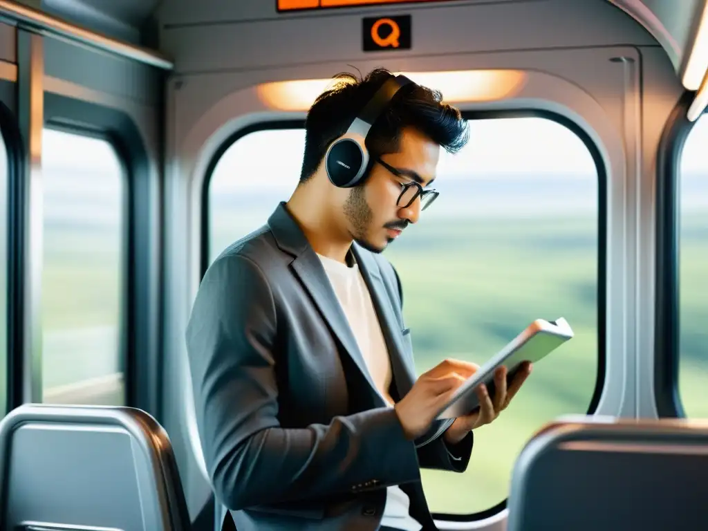 Persona leyendo un eReader en un tren, ilustrando la practicidad de los eReaders para transportar libros en el ajetreo diario