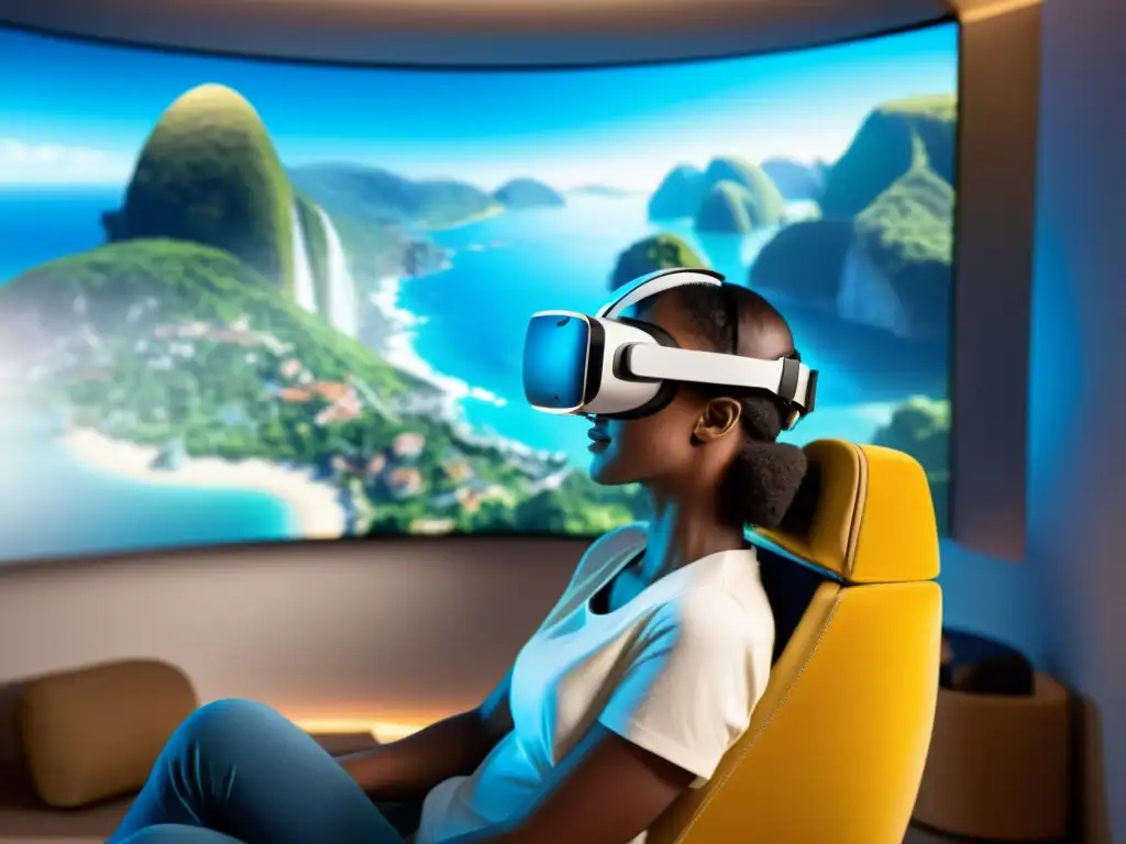 Persona experimenta viaje virtual con Dispositivos Realidad Virtual para Viajes, asombrada y emocionada