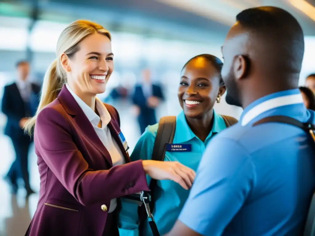 Personal del aeropuerto asiste con amabilidad a pasajero con discapacidad, reflejando servicios transporte aéreo discapacidad y calidez inclusiva