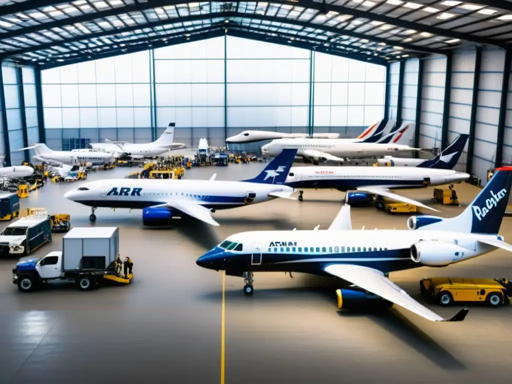 Personal técnico calibra aviones en un hangar moderno, reflejando la evolución del equipamiento básico de aviación