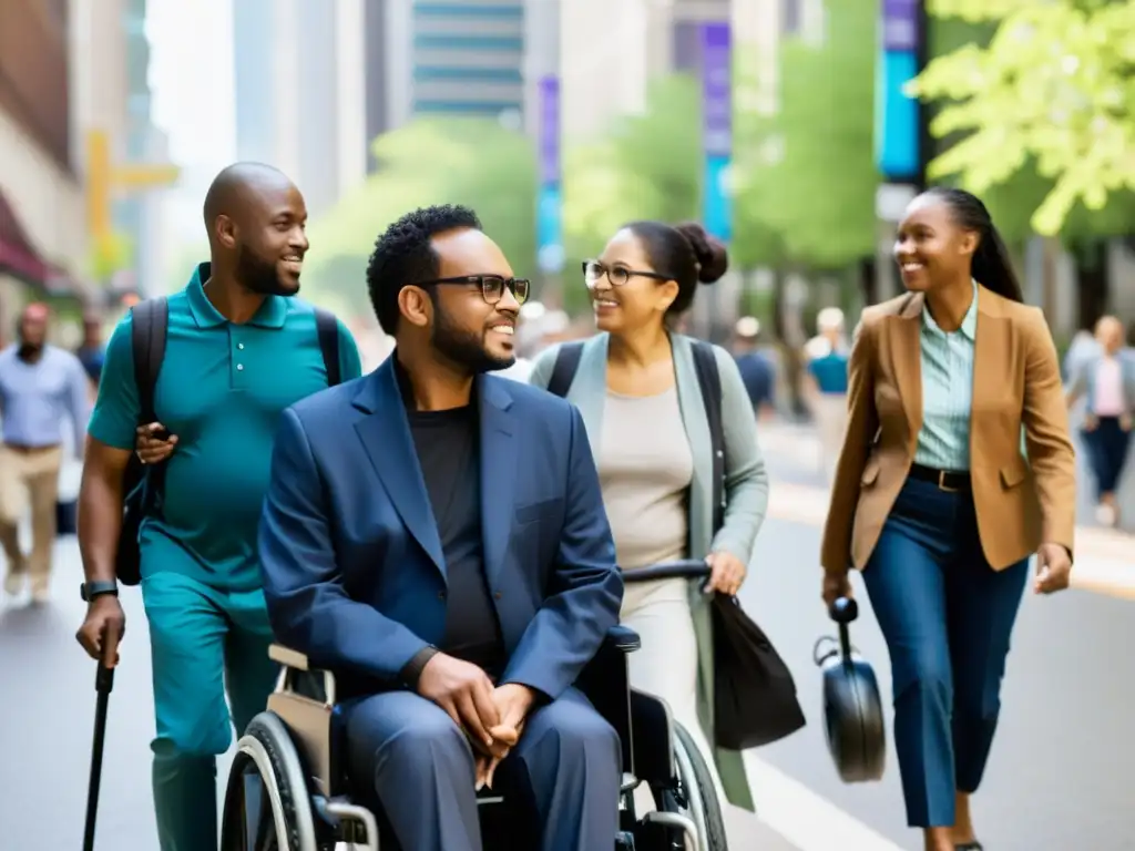 Personas con ayudas técnicas para movilidad personal recorriendo la ciudad con determinación e independencia, mostrando diversidad e inclusión