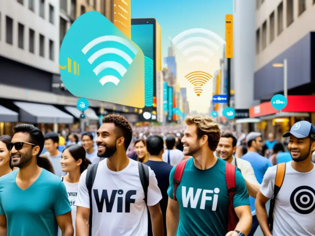 Personas en la bulliciosa calle de la ciudad usando camisetas wearables con WiFi, integrando la tecnología en la vida urbana diaria