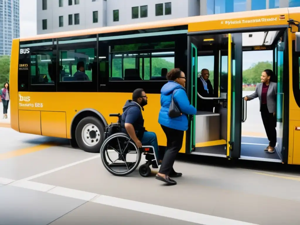 Personas con discapacidad abordan un autobús accesible con ayuda amigable