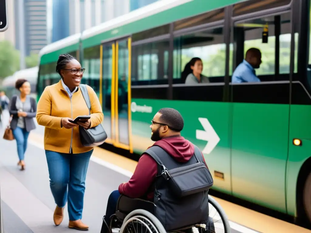 Personas con discapacidad usando con confianza un app de transporte inclusivo, accediendo a buses, trenes y vehículos accesibles en entorno urbano