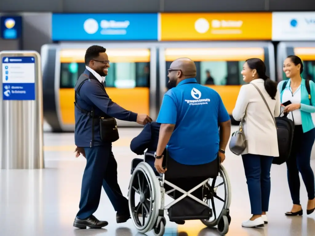 Personas con discapacidad se desplazan con confianza en un bullicioso centro de transporte, apoyadas por personal atento, destacando la inclusividad y accesibilidad en el sector