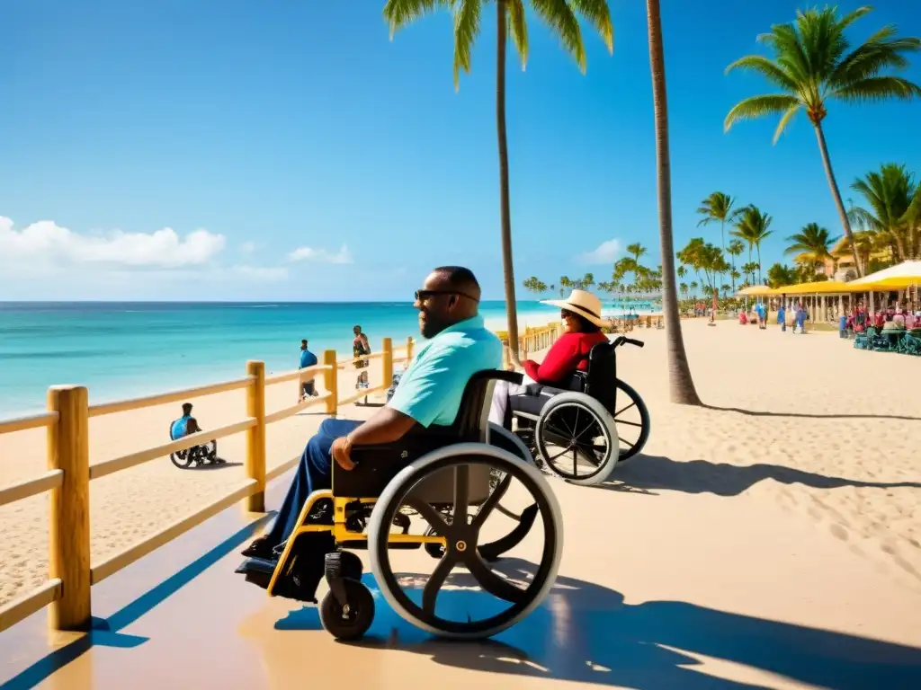 Personas con discapacidad disfrutan de un paseo accesible en la playa, con palmeras y vista al mar