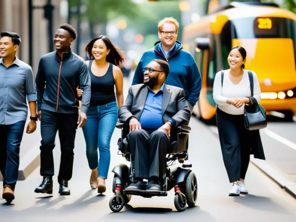 Personas con discapacidad usando soluciones de movilidad innovadoras en la ciudad, mostrando empoderamiento e integración social