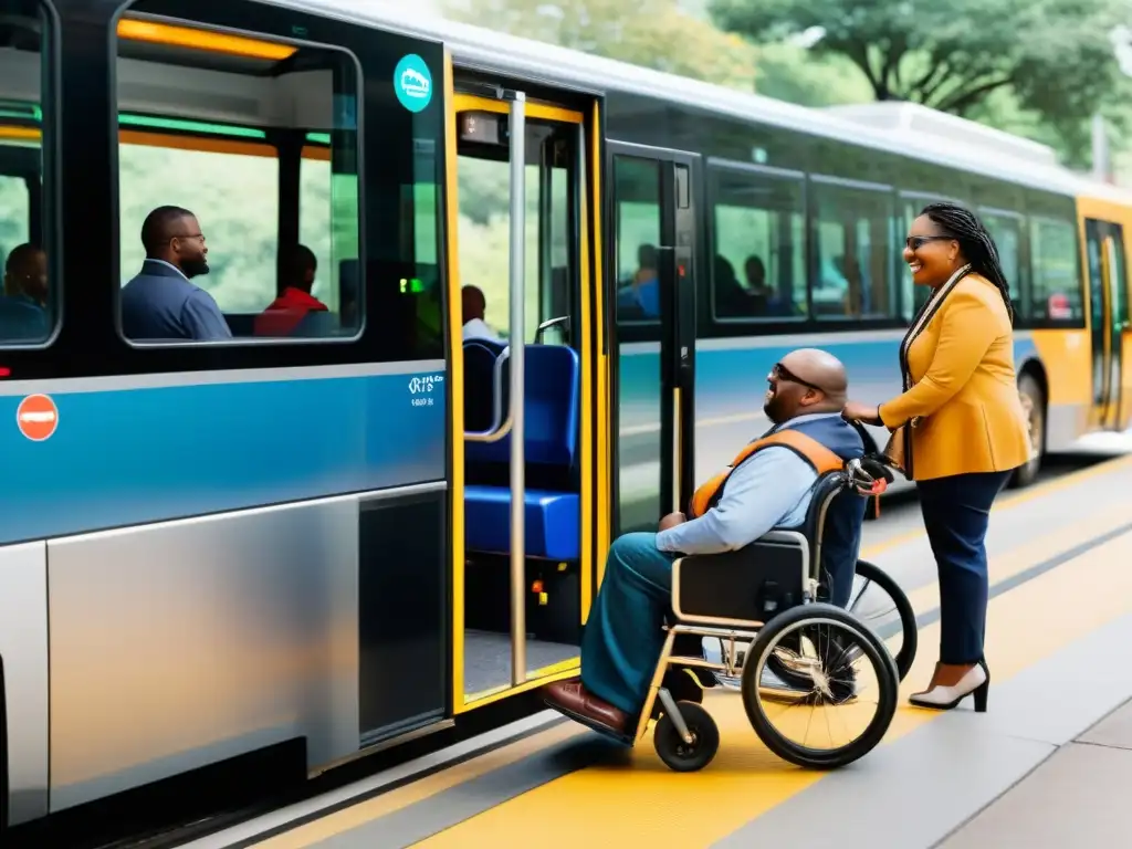 Personas con discapacidad usando el transporte público con confianza, demostrando independencia e inclusividad