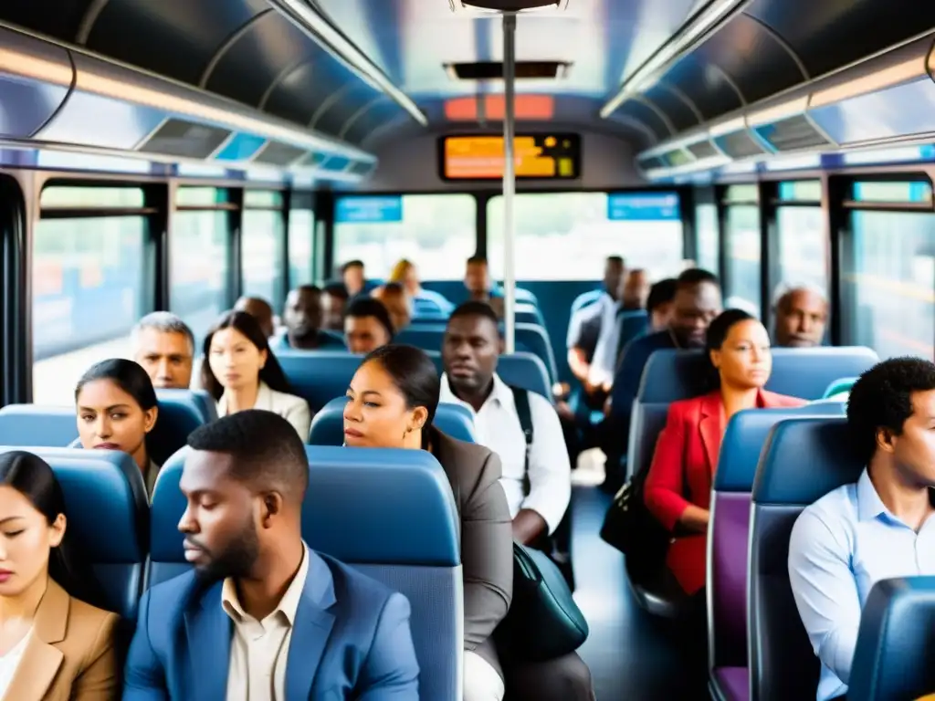 Personas diversas en un autobús urbano lleno durante la hora pico, mostrando la necesidad de mejoras en la comunicación en el transporte público