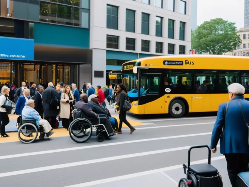 Personas de todas las habilidades usan el transporte público inclusivo en una concurrida calle de la ciudad