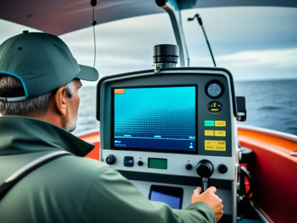 Un pescador utiliza un moderno sistema de sonar en un barco pesquero, destacando las innovaciones tecnológicas en la industria pesquera sostenible