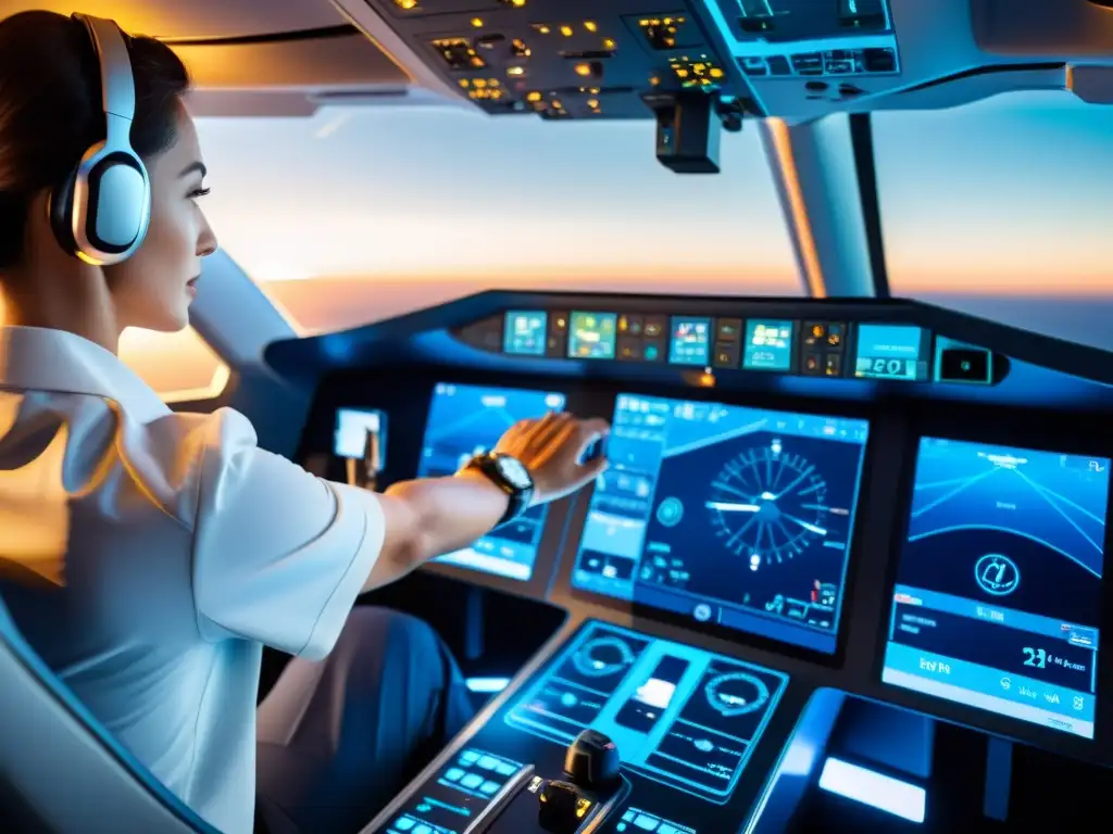 Un piloto ajusta con confianza los controles en la cabina futurista de un avión comercial moderno, mostrando la perfecta fusión entre la pericia humana y la automatización en la navegación moderna